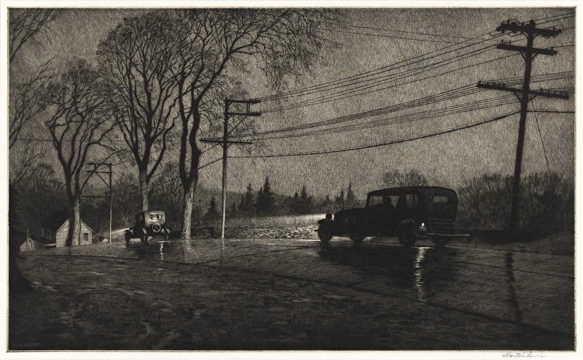 Martin Lewis drypoint "Wet Night Route 6"