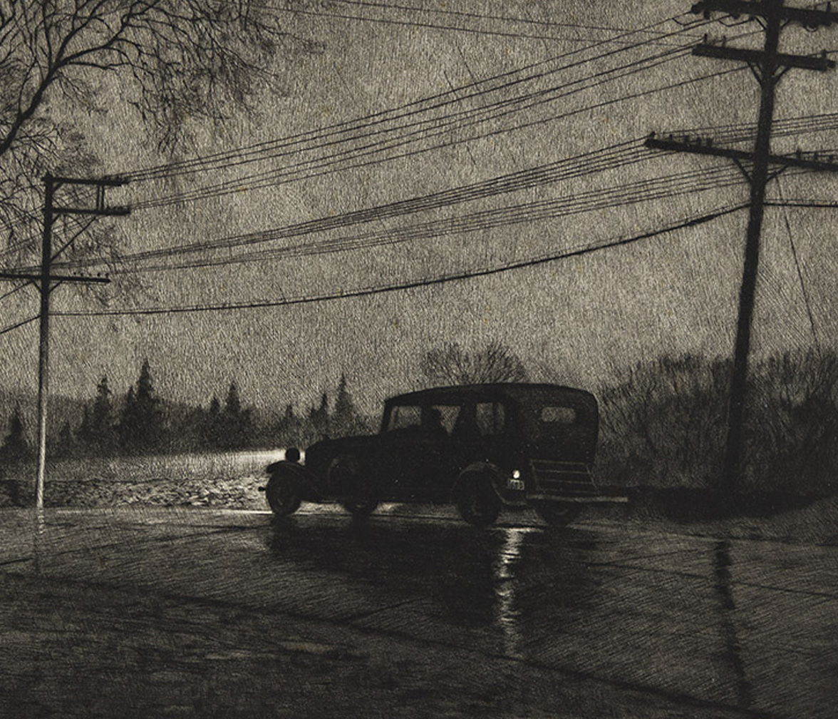 "Wet Night Route 6" by Martin Lewis drypoint 